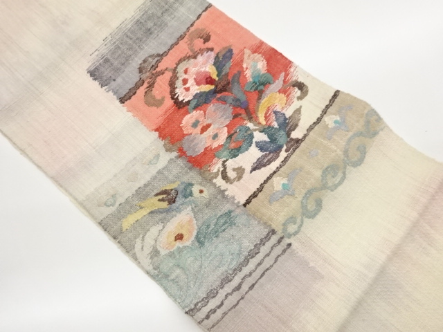 JAPANESE KIMONO / HAND WOVEN MAWATA TSUMUGI ABSTRACT FLOWER / GRASS / 